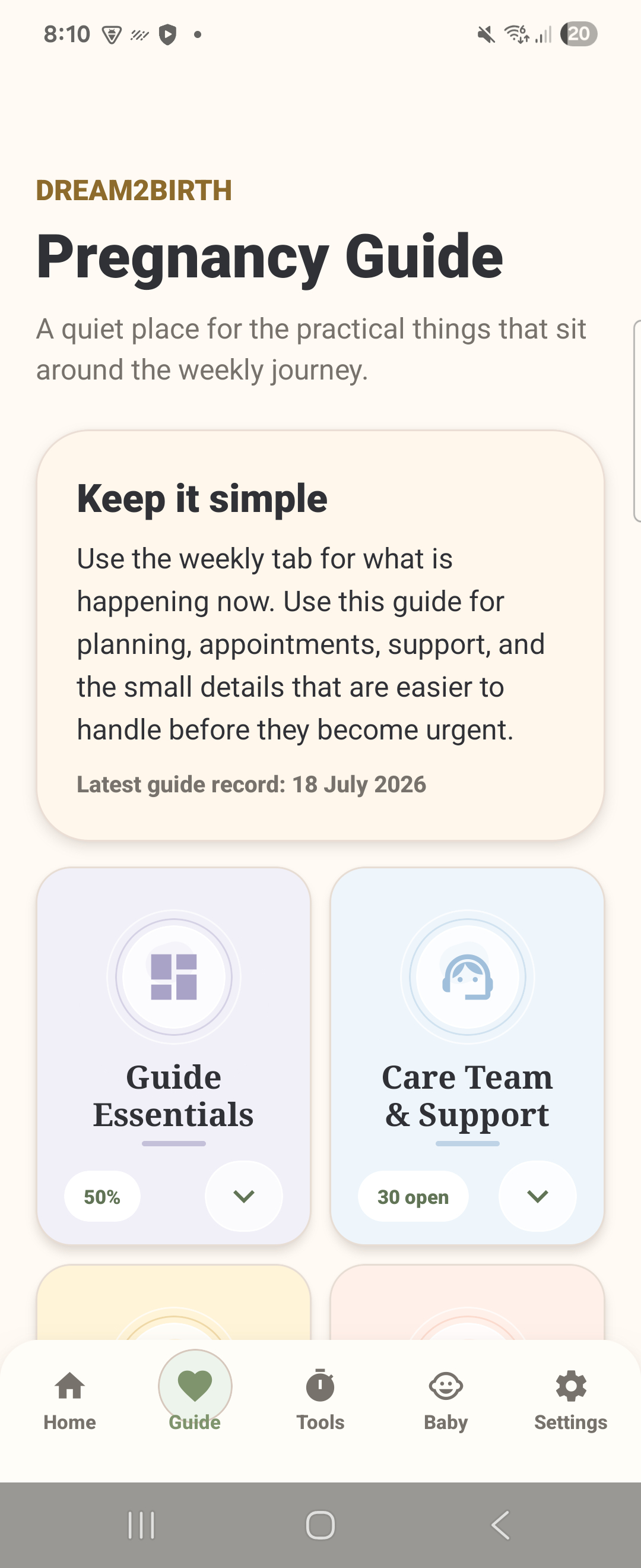 Dream2Birth Guide screen with planning and care support