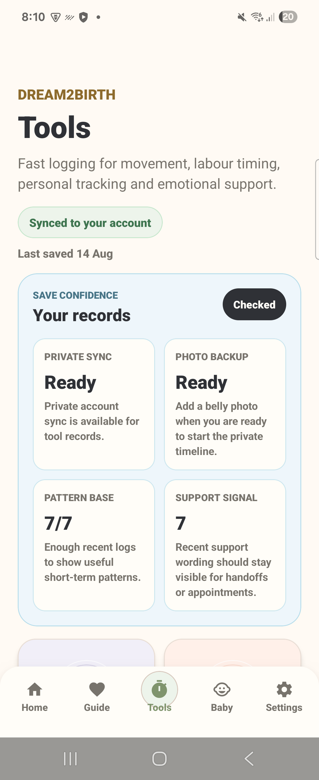 Dream2Birth Tools screen with private pregnancy planning tools