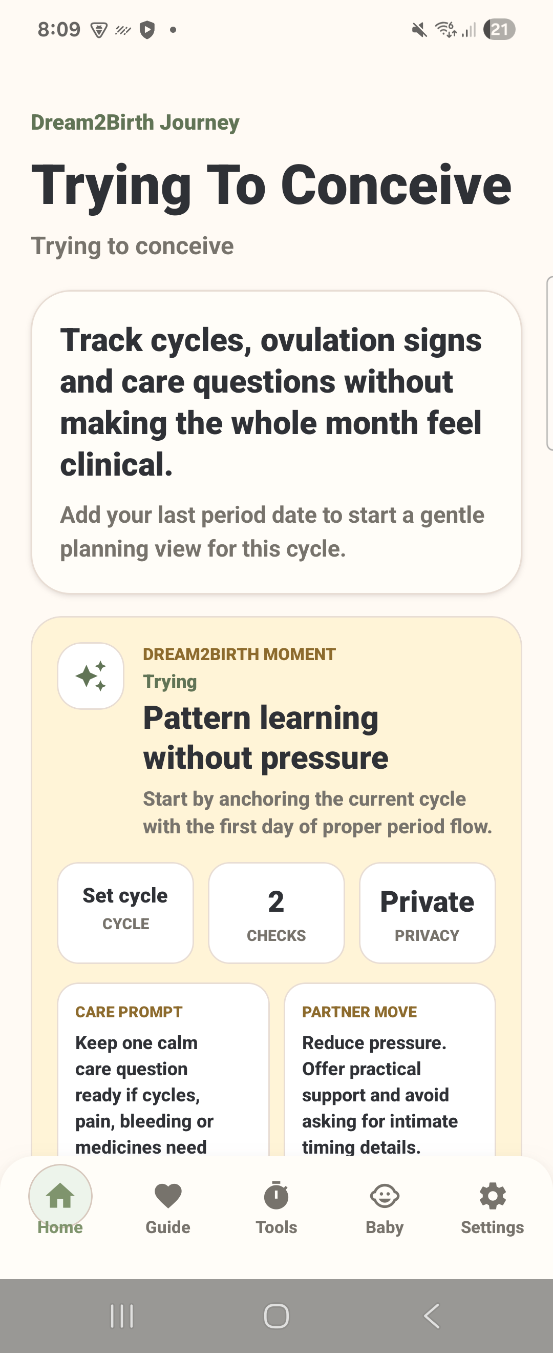 Dream2Birth trying to conceive app screen